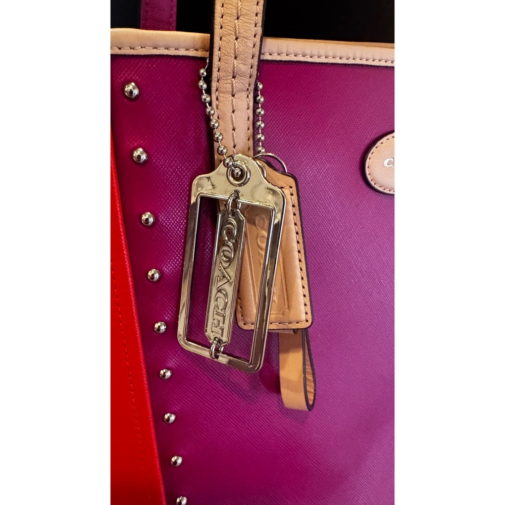 Coach Metro F31325 Magenta Orange Saffiano Leather Colorblock Studs Tote 12x13x6 - Picture 3 of 15